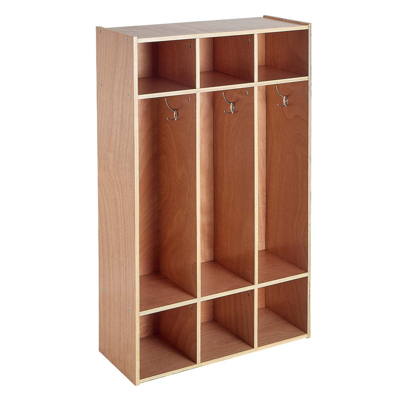 3-Section Kids Coat Locker, Wooden Toddler Cubby Storage Organizer with 6 Hooks & Non-Slip Mat, Modern Kid Coat Cubbies with 6 Small Open Storage Boxes for Home, Kindergarten, Daycare, Natural