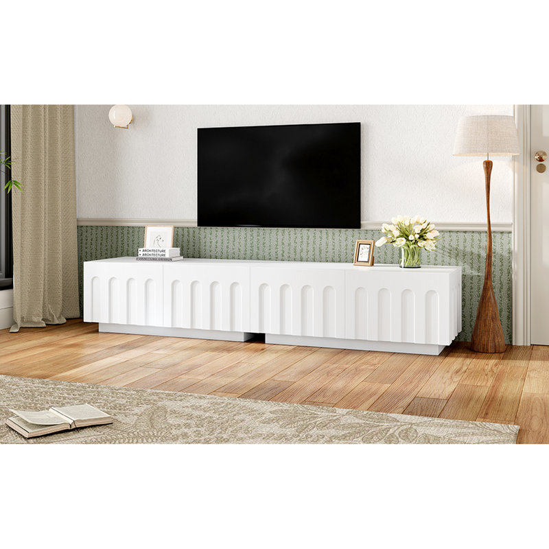 Elegant White Coffee Table And Tv Stand, Four Drawers For Storing Remote Controls Magazines, Arched Design On Drawer , Crafted From 80 - Inch Stand In White, Dual Function With 4 Storage Of Daily