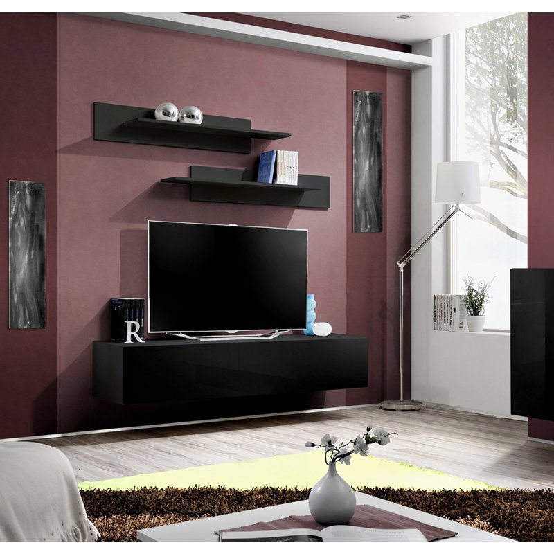 Chanera 126" Modern Floating Wall Mounted Entertainment Center with 16-Color LED Lighting, High Gloss Finish, Black