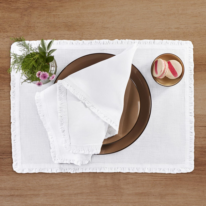 Juliette Ruffle - 100% Pure Linen Dinner Napkins, White