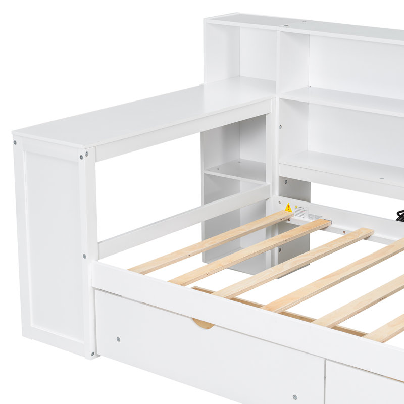 Stylish Wood Twin Size Platform Daybed With Storage Shelves, Drawers, Charging Station, LED Lighting, Desk & Upholstered Headboard, White And Beige