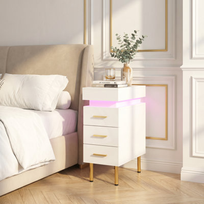 Bedside Table with 3 Drawers, Bedside Cabinet with Push-Pull Top & RGB LED Light, Wooden Side Cabinet with UK Charging Station 1AC/2USB, Slim Storage Nightstand for Bedroom Living Room, UK Plug