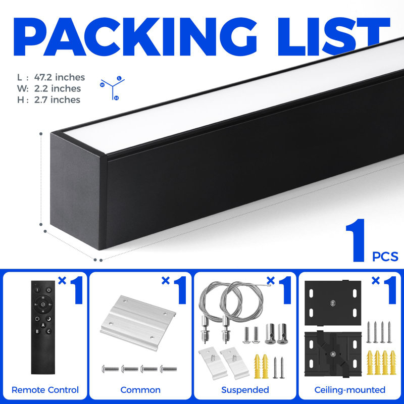 Éclairage linéaire à DEL 4 pi Barrina série 5568, 2e génération, connexion sans couture 45 W, plafonnier à intensité variable de 3000 K à 6000 K avec télécommande pour bureau, noir, 1 paquet