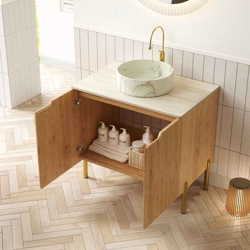 Meuble-lavabo autoportant de 76 cm avec lavabo, meuble en contreplaqué, lavabo à motif pierre et comptoir en travertin Roma.