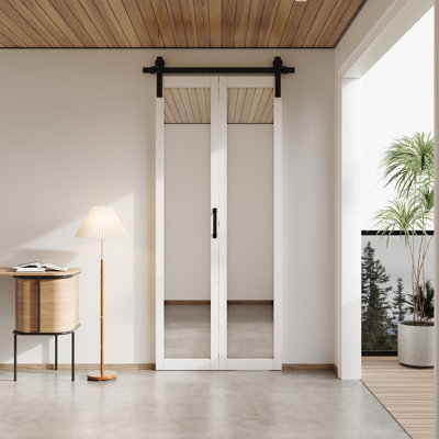 Mirrored Glass Bi-Fold Sliding Single Barn Door with Installation Hardware Kit