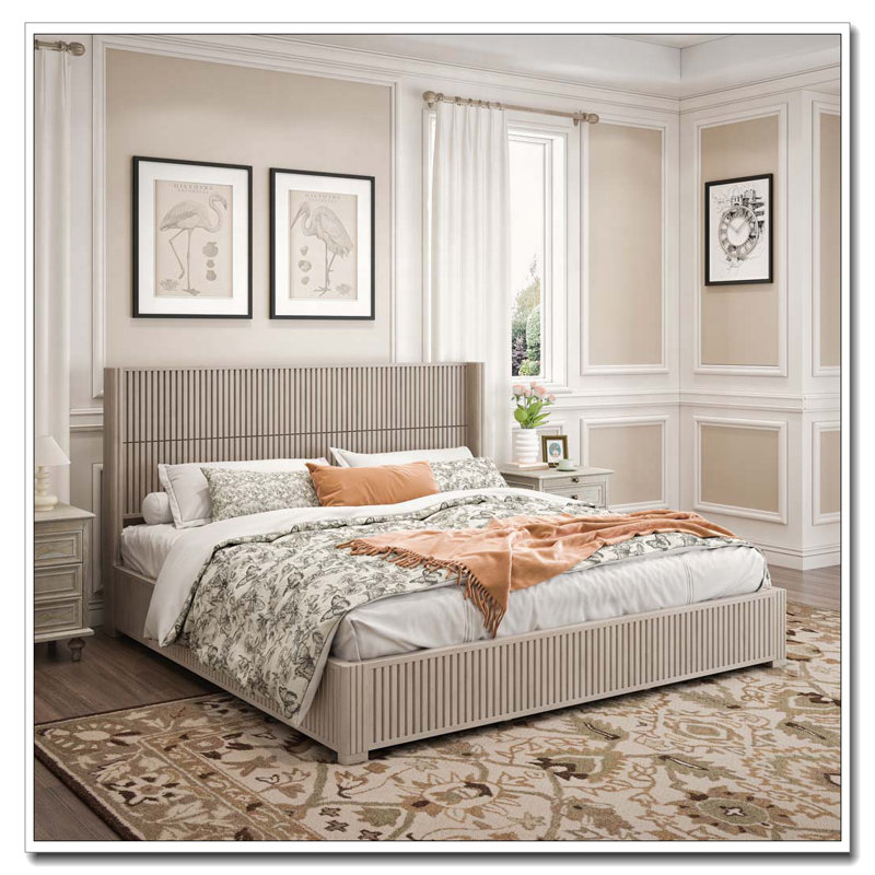 Solid Wood Platform Bed Frame with Headboard, No Box Spring Needed, Beige, King