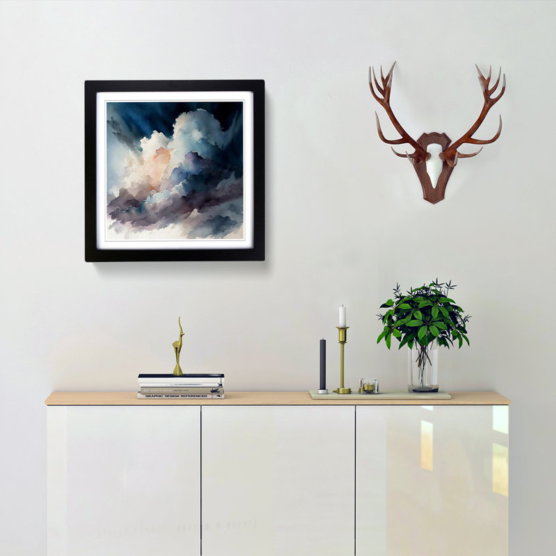 Cloudy Sky Watercolour - Single Picture Frame Print on Wood, Black