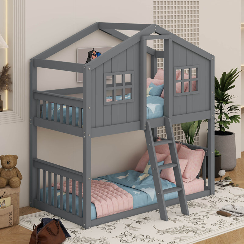 Twin Over Twin House Bunk Bed With Ladder, Gray