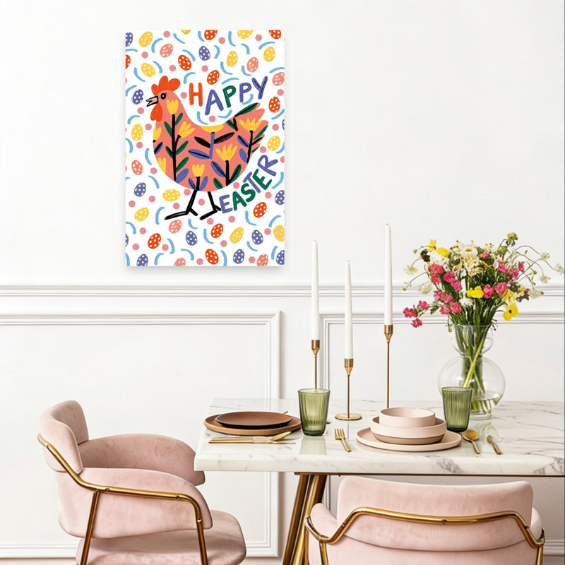 Joyeuses Pâques, poules colorées, oiseaux abstraits, fleurs printanières, impression murale, H 24 po x l 16 po