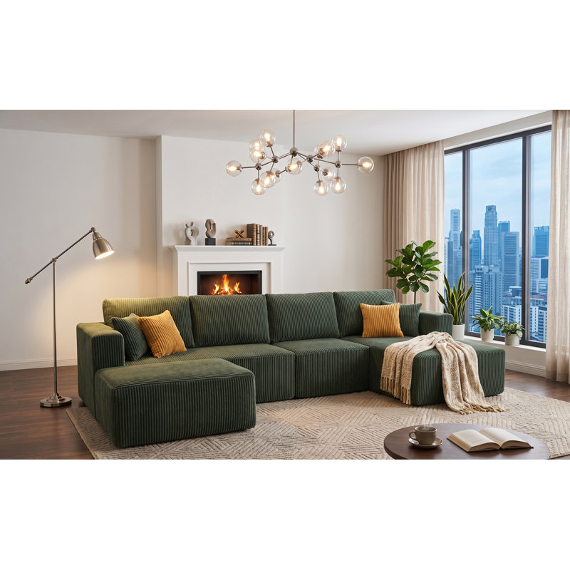 Kelna Full Compressed Modular Sectional, Dark Green Corduroy