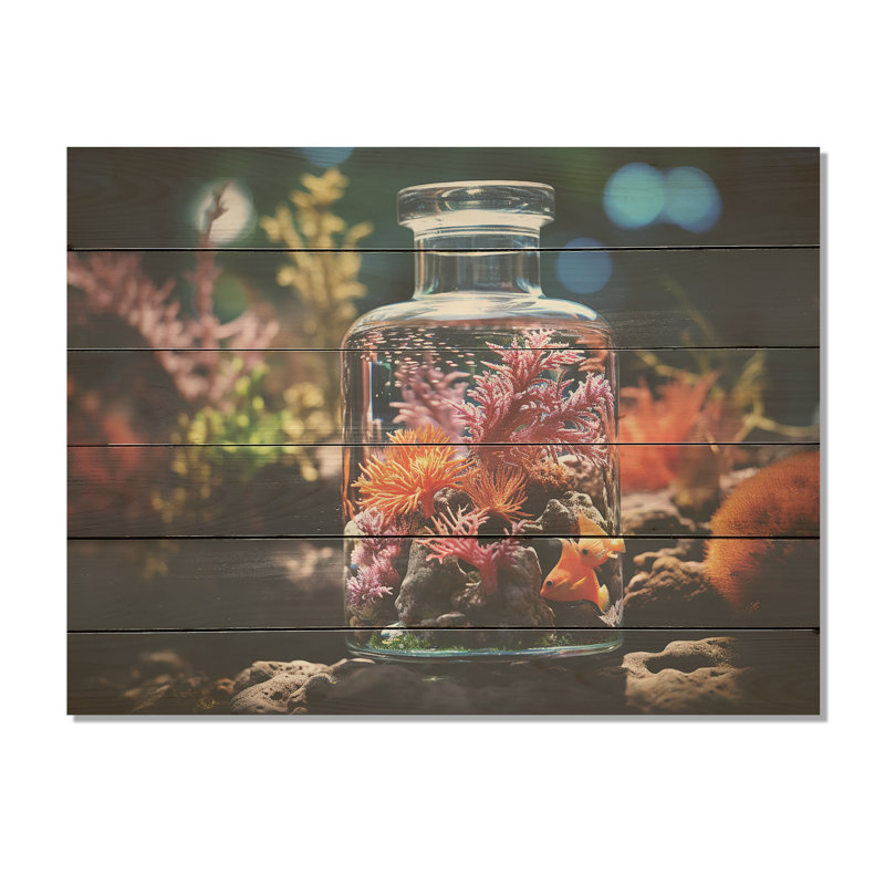Corail dans un rêve d'aquarium - Aquariums, art mural sur bois de pin naturel, H 10 po x l 20 po