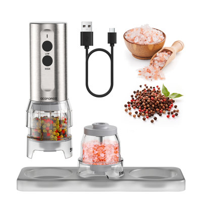 Electric Salt and Pepper Grinder Set, USB-C Rechargeable Automatic Grinder with 2 Spice Containers and Adjustable Grind Settings