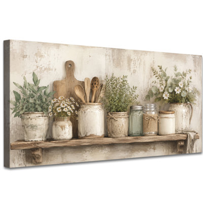 Tableau sur toile représentant un garde-manger d'herbes aromatiques, avec des herbes et des bocaux aux tons neutres et des détails décoratifs chaleureux. Parfait pour un garde-manger ou un coin repas. Toile tendue sur châssis, prête à accrocher, 40 x 80 cm.