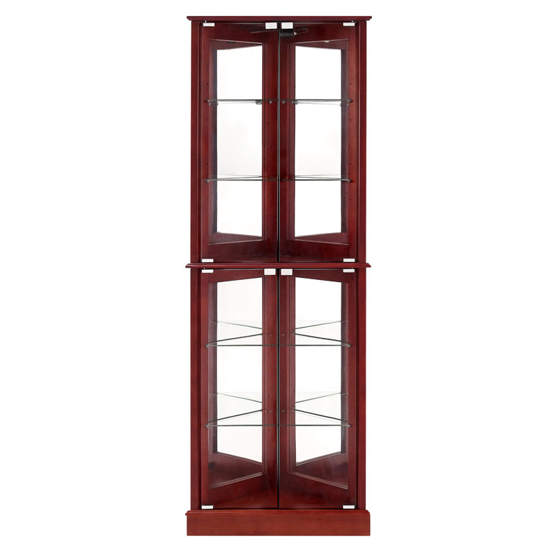 Cherry Curio Display Cabinet - Mirrored Back Lights Adjustable Shelves Home Decor Tempered Glass Corner Traditional Style