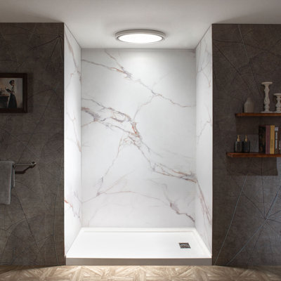 WOODBRIDGE 60"W × 36"D × 96"H 3-Piece Solid Surface Shower Wall Panels, Calacatta Marble Pattern, Trimmable & DIY-Friendly, Quick Install, Easy to Clean, 1/8"(3.5mm) Thick
