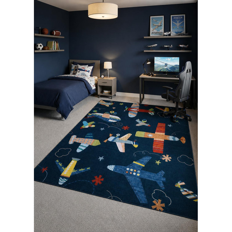Tapis 7 pi x 10 pi juvénile bleu marine et orange