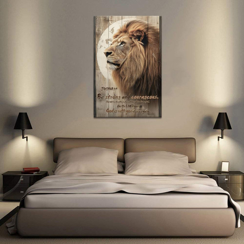 Pont, inspiration, bureau, art mural, rétro, fond en bois, tête de lion, peinture sur toile, décoration intérieure moderne, être fort et courageux, encadré 24 po x 36 po