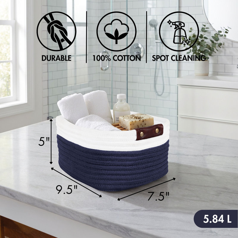 Panier de rangement 100% coton Reva Collection, 9.5" L x 7.5" W x 5" H, Marine