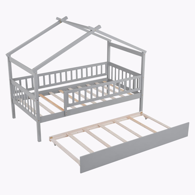 Zhayne Wooden House Bed with Trundle, Twin, Gray