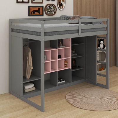 Lit mezzanine en bois avec garde-robe, tablettes et armoire