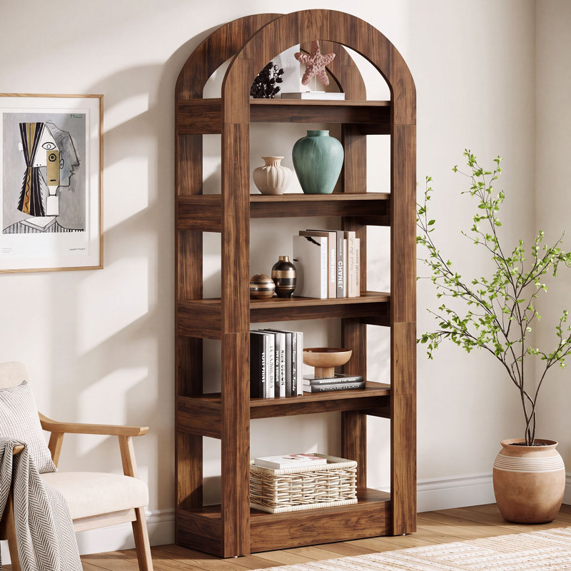 Bibliothèque cintrée à 5 niveaux de 180 cm de hauteur, tablette ouverte moderne pour bureau, chambre ou salon, Brown