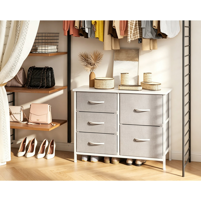 Light Grey Small Chest of Drawers, 5 Fabric Drawer Bedroom Storage Unit, Wooden Top & Sturdy Steel Frame, 2 Large + 3 Small Drawers, 76 x 29 x 60cm