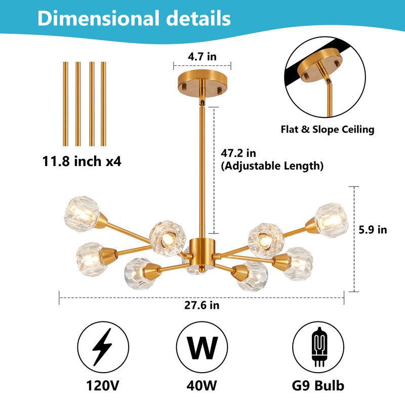 Lustre 27,6 "à 9 lumières avec abat-jour en cristal, luminaire suspendu moderne pour salle à manger, salon, îlot de cuisine (ampoule non incluse)