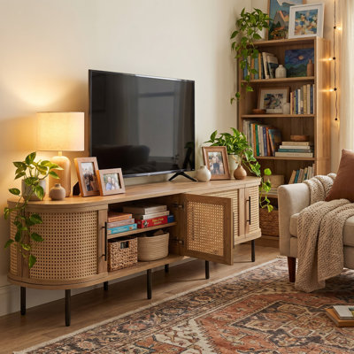 70 Inch Modern TV Stand with Rattan Doors for TVs up to 80 Inches Media Console with Cable Holes and Storage Entertainment Center for Living Room
