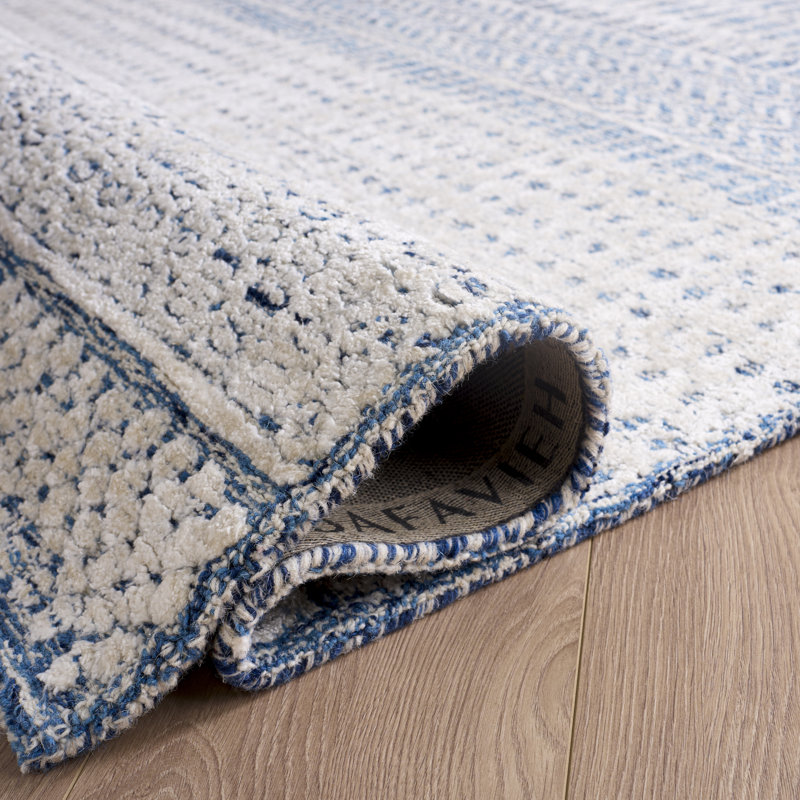 Tapis oriental ivoire / bleu marine en laine touffeté à la main Ambr, Rectangle 2 pi x 3 pi