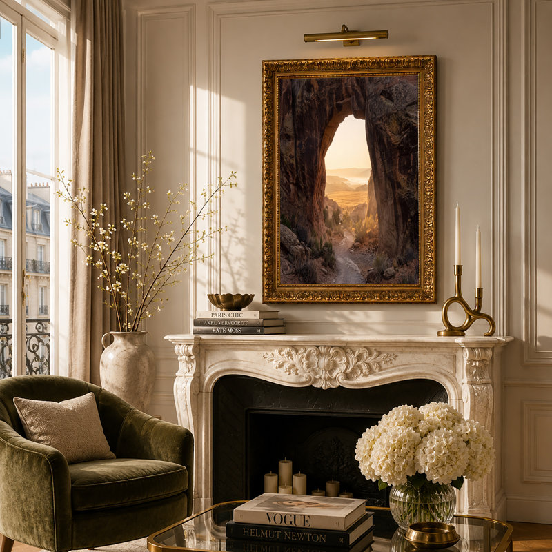 Red Rock Archway Over Golden Desert Path and Valley, art mural sur toile, H 18 po x l 24 po