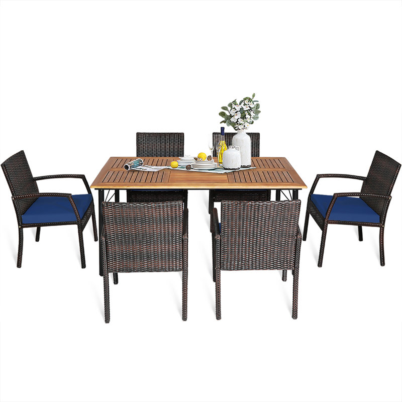 6 - Person Acacia Wicker Patio Dining Set with Rectangular Table , Cushions Included, Navy