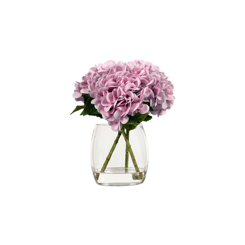 Hortensias roses dans un vase en verre convexe, Rose