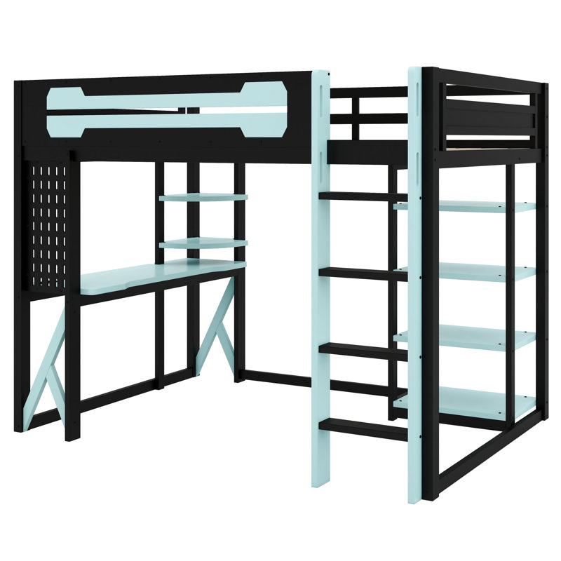 Space-Saving Loft Bed with Workstation, Open Shelves, Built-in Outlets & Ambient Light, Black/Blue