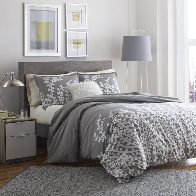 Ensemble de housse de couette réversible Branches, Housse de couette simple + 1 taie décorative, Gris