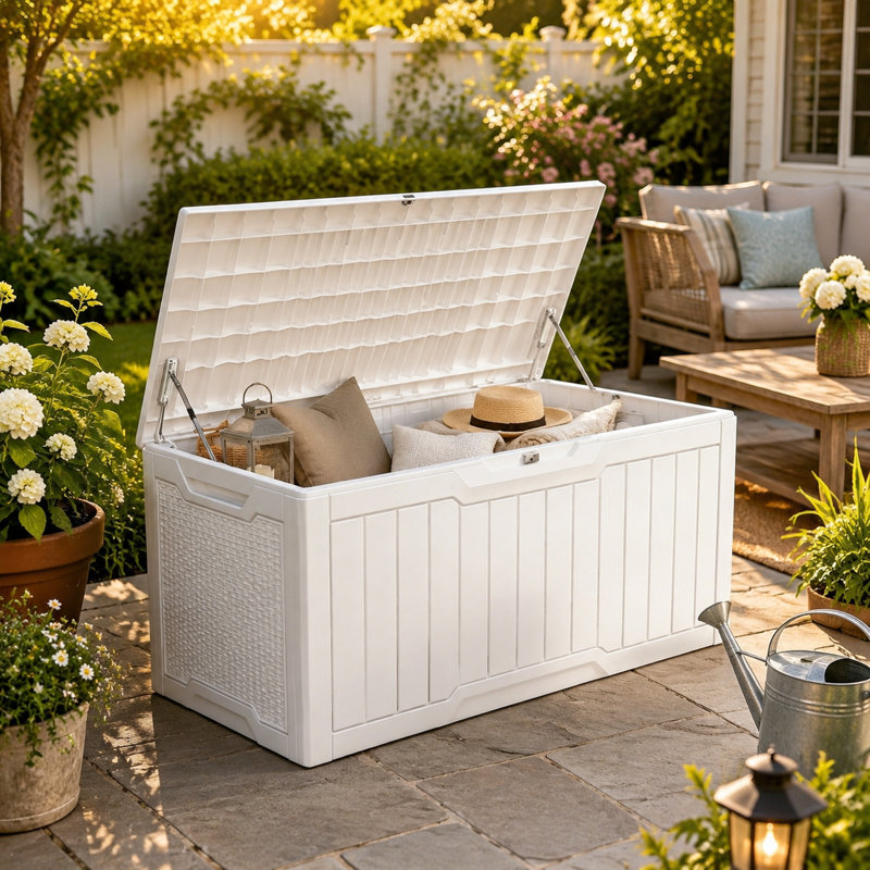 Edrosie Inc 100 Gallon Lockable Weather Resistant Resin Outdoor Deck Deck Box, White