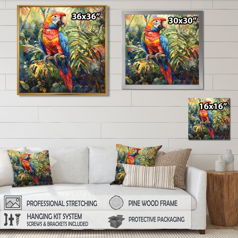 Cielle, perroquet tropical dans la forêt tropicale II - art mural grand perroquet, H 30 po x l 30 po, Noir, noir, noir, noir