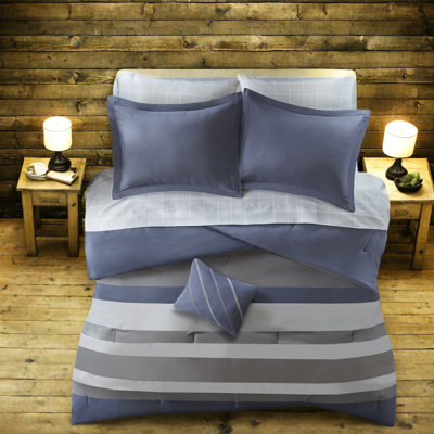 Premium Polyester Bedding Set, Striped Blue Grey Design For Home
