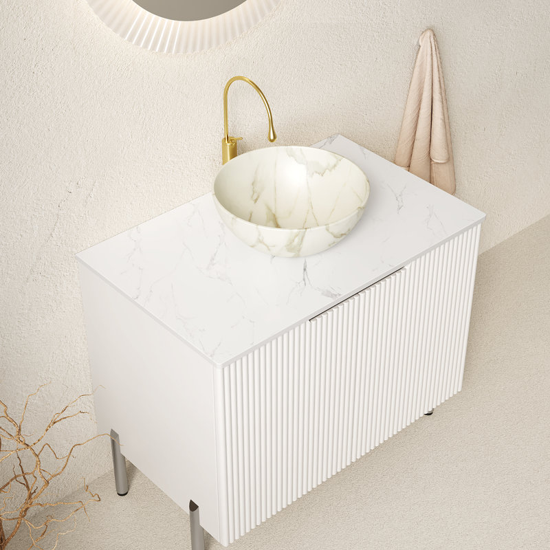 Turio 30" Bathroom Vanity With Sink, Freestanding Bathroom Storage Cabinet With 2 Doors, White Bowl Ceramic Basin With Stone Pattern & Carrara White Artificial Marble Top, No Faucet, White Color