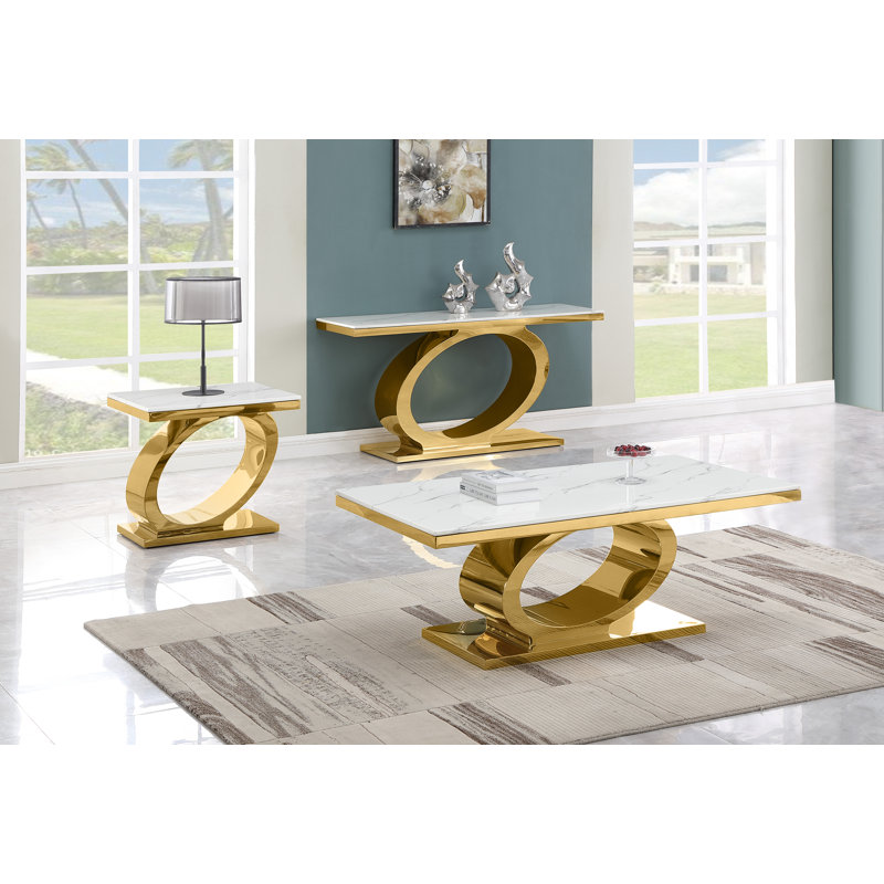 Luxurious White Marble and Gold Stainless Steel 3-Piece Coffee Table Set