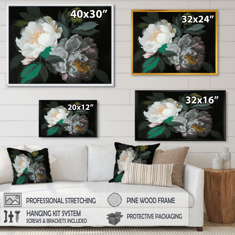 «White Blossoming Peony on Black I», reproduction sur toile, Cadre flottant doré, 12" H x 20" W