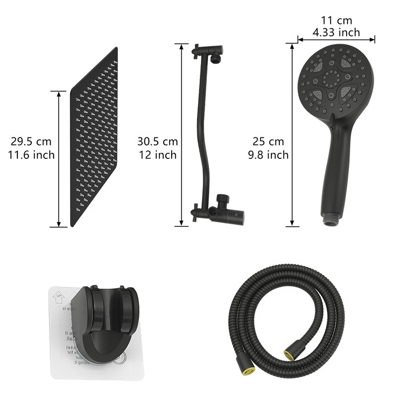 Tête de douche à pluie mince 12 po avec douchette à main Topcraft, Noir mat