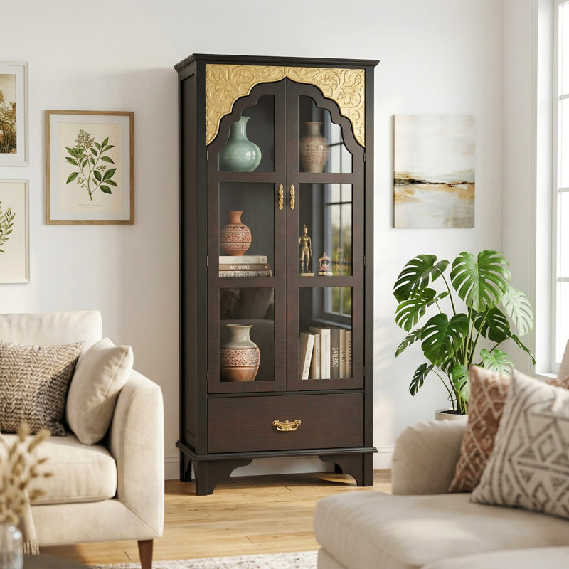 Display Cabinet With Tempered Glass Door And Exquisite Carvings, Black