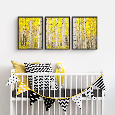 Arbres blancs et feuilles jaunes - peinture sur cadre 3 pièces