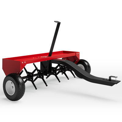 Aérateur de traction 40 "pour tracteur de pelouse et VTT, 24 dents en acier, plateau de poids de 150 lb, attelage universel, roues gonflables, rouge