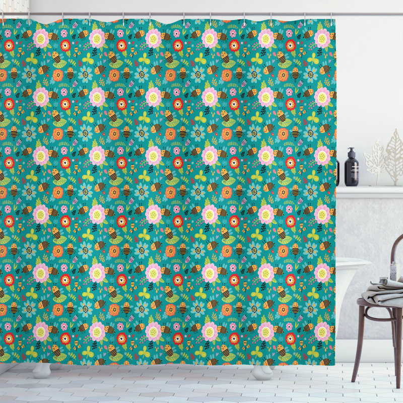Dakota Fields Bee Shower Curtain Smiling Funny Bees Doodle Multicolor, 70"H x 69"W