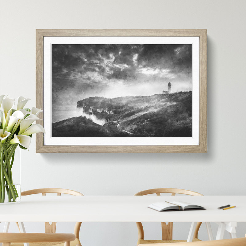 Moody Lighthouse and Seascape - Picture Frame Painting Print, 33cm H x 45cm W x 2cm D, Oak Framed