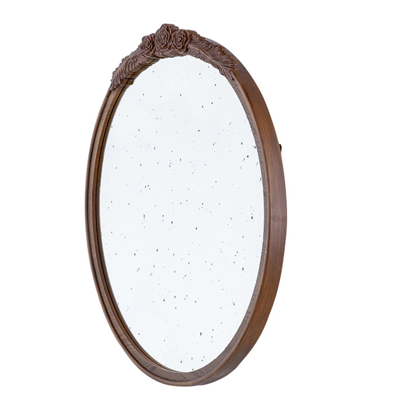 30"X30" Round Hand Carved Rose Antique Mirror Frame, Brown