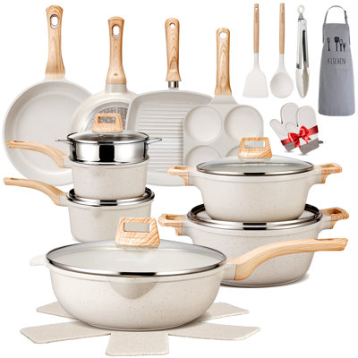 Ensemble de casseroles et de poêles 27 pièces, batterie de cuisine en céramique antiadhésive, ensemble de cuisine de cuisine saine avec gants, tablier, outils en silicone et protecteurs de casseroles, va au lave-vaisselle et au four, sans PFOa / pfos
