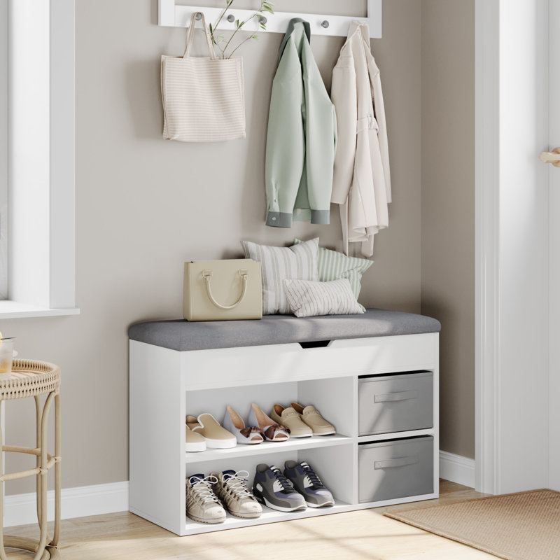 Shoe Bench With Fabric Drawer, White