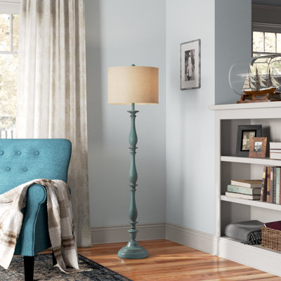 Aseem 61" Traditional Floor Lamp -Distressed Blue Finish - Taupe Hardback Silk Shade